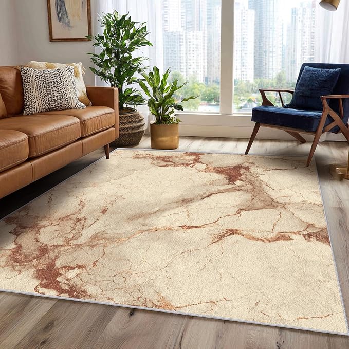 Beige Marble Abstract Area Rug, Vintage Stone Pattern Carpet, Washable Non Slip Low Pile Soft Thin, Living Room Bedroom Home Decor Mat 3x5ft(Small)