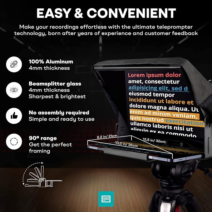 iLight PRO 12" Autocue teleprompter iPad Tablet - Kit teleprompter for Video with Remote Control, APP & Carry Bag, Beam Splitter Prompter DSLR, iPhone, APP for Apple Android Mac Win