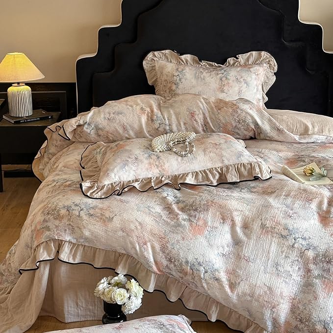 HighBuy Ruffle Duvet Cover Queen Size,Vintage Beige Botanical 100% Muslin Yarn-Dyed Linen Bedding Set for Women Girls,Farmhouse Bedding Super Soft Comfortable Boho Chic Lightweight 3 Pieces
