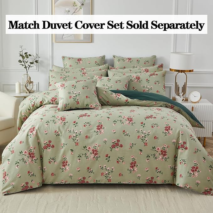FADFAY Queen Size Sheet Set 100% Cotton Sage Green Bed Sheets, French Country Red Rose Floral Pattern, Soft Cool Luxury Bedding, Shabby Vintage Style, 4 Pieces Deep Pocket Fitted Sheet