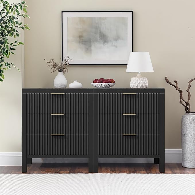LSKTGA 3 Drawer Dresser, Chest of Drawers Organizer with Waveform Panel, Large Fluted Dresser with Wide Drawers and Golden Handles, Wood Storage for Bedroom, Hallway, Entryway, Black