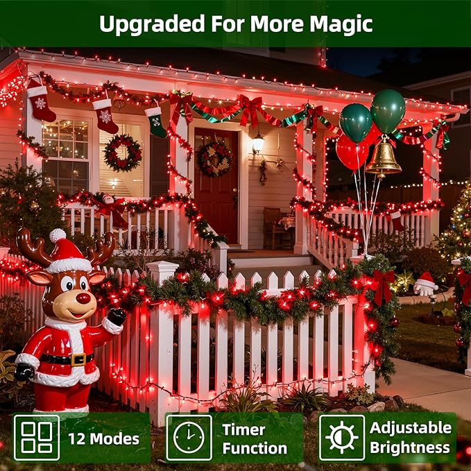 300LED Chrstmas Lights, 75ft Indoor Outdoor Christmas String Lights with 12 Modes, Red Christmastree Lights with Timer Dimmable Connectable for Fence Garden Xmas Wedding Party Decor Red