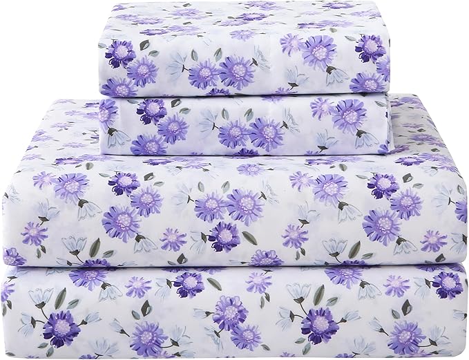Softan Puple Floral Full Sheet Set, 4-Piece Microfiber Printed Fitted Sheet with 15" Deep Pockets & Non-Slip Straps, White Flower Patterned Double Bedding Sheets & Pillowcase Set