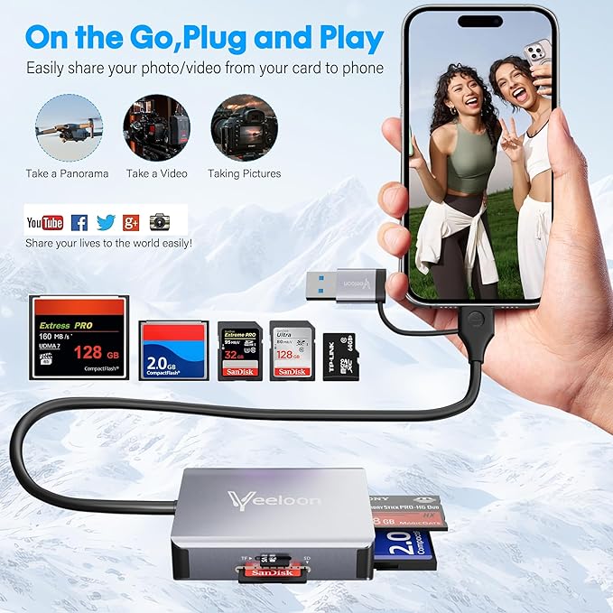 Multi OTG SD Card Reader, 4-in-1 USB C USB 3.0 Dual Connector Adapter Simultaneously Read SD MS CF TF SDXC, SDHC,Card Viewer, for iPhone 17/16, iPad,Tablets, PC, MacBook, Plug & Play