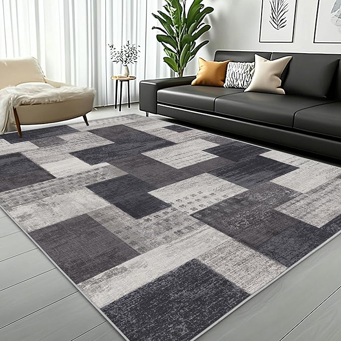 Modern Geometric Patchwork Indoor Area Rug for Living Room, Charcoal 10'x 14' Large Rug Rockwood Collection Hardwood Floors Decor for Bedroom, Grey Throw Carpet for Office Entryway Dining Room