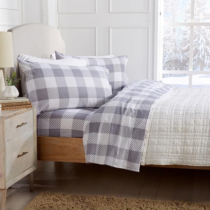 Market & Place 100% Turkish Cotton Flannel Sheet Set | 4 Piece Deep Pocket Novelty Cozy Winter Bed Sheets | Double Brushed for Extra Softness & Comfort | King, Buffalo Check Grey