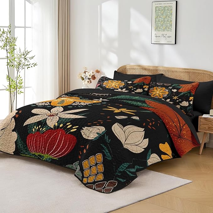 Quilt Set Twin Size, Black Tropical Floral 2 Pcs Soft Bed Cover Bedding Set, Farmhouse Botanical Lightweight Bedspread Coverlet with Pillow Sham for All Season