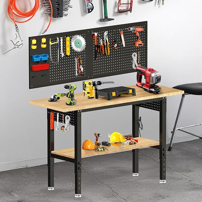 60“ Adjustable Height Workbench Work Bench for Garage Work Table with Under Table Shelf Heavy Duty Rubber Wood Top for Shop Woodworking, Office, Home, Commercial