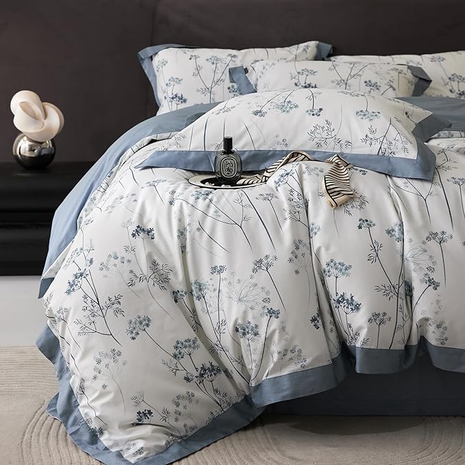 Blue Floral Duvet Cover Full Girl Soft Cotton Flowers Bedding Set with 2 Pillowcases Vintage White Blue Botanical Bedding Duvet Cover Sets for Full Bed,Chic Shabby Bedding,All Season
