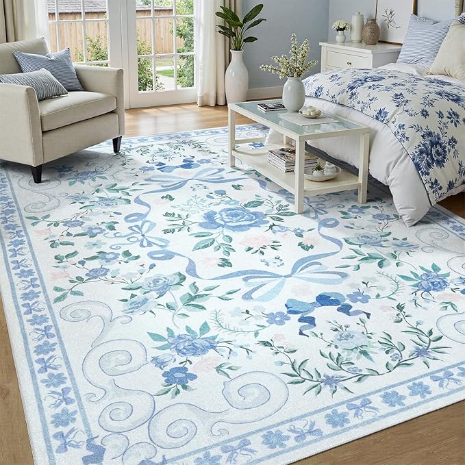 DCX Washable 8x10 Bow Rug, Blue Floral Rug for Girls’ Bedroom, Cute Soft Low Pile Indoor Décor Carpet, Kid & Pet Friendly Nursery Rug for Living Room, Dorm, Playroom