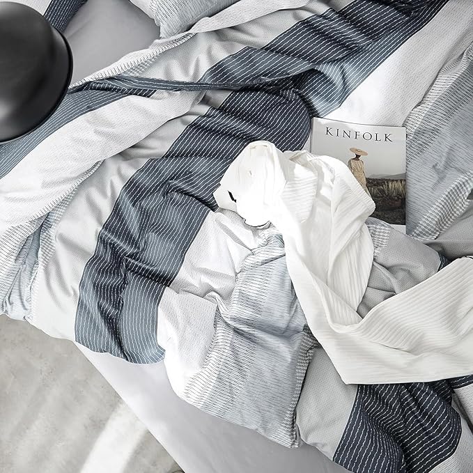 LifeTB Striped Comforter Set Queen Size, Blue Grey Stripes Pattern Printed Bedding Set, 3 Pieces Lightweight Bedding Comforter Set, Stripe Soft Fluffy Bed Set Queen Comforter with 2 Pillowcases