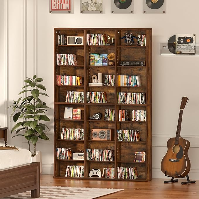 LELELINKY 8 Tier Tall Display Cabinet, Brown Media Storage Cabinet with Adjustable Shelves, Free Standing DVD Organizer Shelf, Floor Multimedia Storage Manga Bookshelf for Living Room & Home Office.