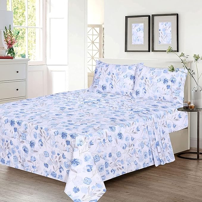 RUVANTI 100% Cotton Sheets Queen Size Set, 4 Pieces, Soft & Breathable Percale Weave Bedding, Deep Pocket 16", Hotel Standard, Crisp Cool Feeling, Durable, Perfect Floral Bed Sheet, Monotones