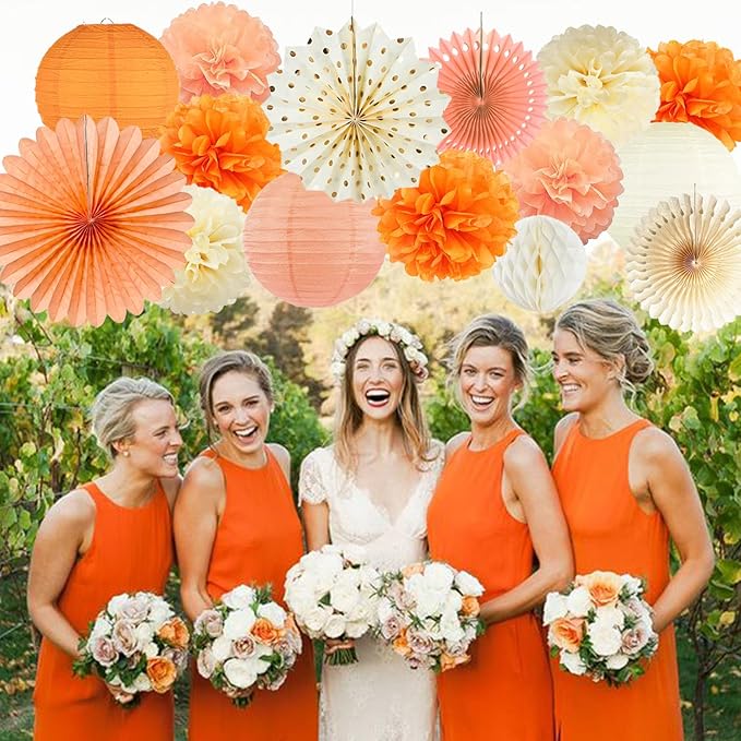 Beige Orange Peach Fall Boho Party Decorations Paper Lanterns Tissue Pom Poms Streamers Hanging Paper Fans for Autumn Harvest Birthday Thanksgiving Wedding Bridal Shower Baby Shower Party Decoration