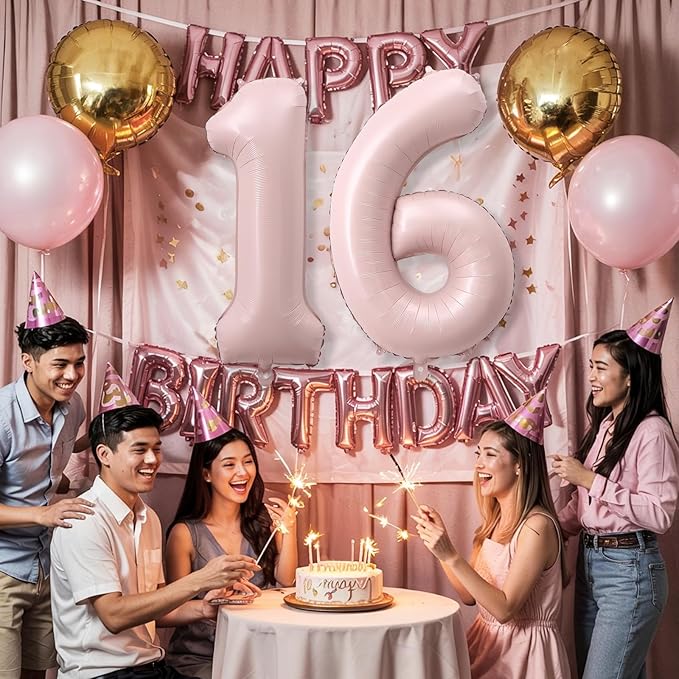 Light Pink Sweet 16th Birthday Balloon for Girls, 40 Inch Self Inflating Mylar Number 16 Balloons, Big Blush Pastel Pink Foil 1 & 6 Helium Balloon 16 for Women Coquette 16th Birthday Party Decorations