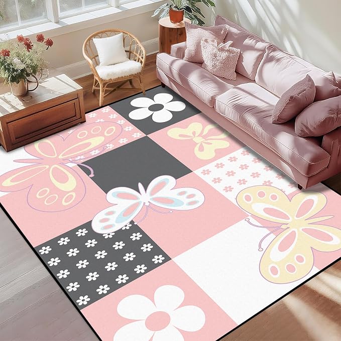 6'x9' Butterfly Area Rug Pink Butterfly Checkered Rugs for Bedroom Living Room Nursery Kitchen Playroom Home Decor Cute Flower Carpet Washable Non Slip Floor Mat