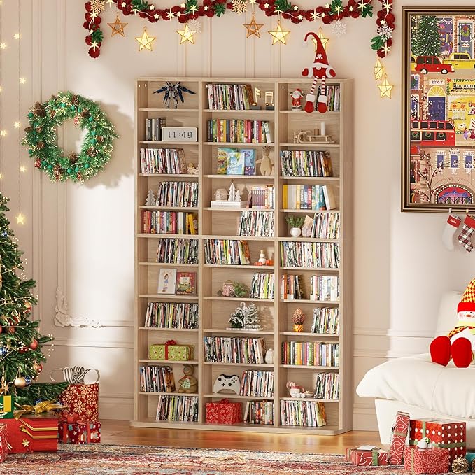 LELELINKY 11 Tier Tall Display Cabinet, Natural Media Storage Cabinet with Adjustable Shelves, Free Standing DVD Organizer Shelf, Multimedia Storage Manga Bookshelf for Living Room & Home Office.