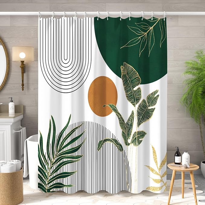 Mid Century Boho Shower Curtain, Abstract Modern Sun Minimalist Aesthetic Shower Curtain, Bohemian Geometric Arch Curve Leaves Neutral Art Fabric Bathroom Curtains Green 72x78 inch