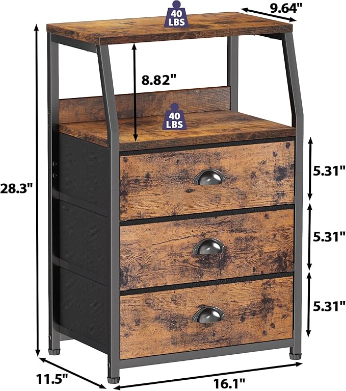 Furnulem Nightstand with 3 Drawers and 2-Tier Shelf, Fabric Small Dresser Organizer Vertical Storage Tower for Bedroom, Closet, Hallway, Nursery, End Table Side Furniture, Sturdy Steel Frame, Wood Top