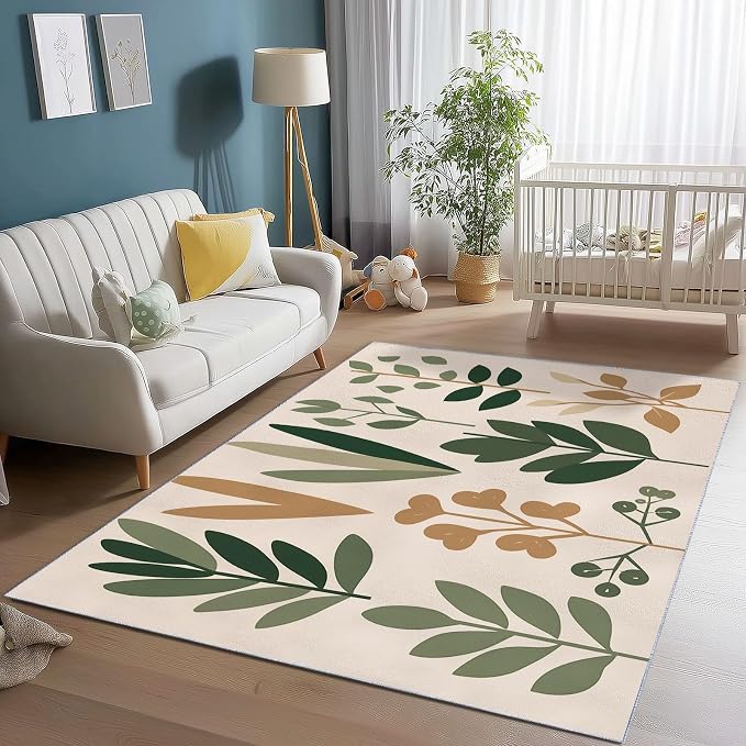Area Rugs for Living Room, 5x7 Washable Rug Green Soft Low Pile Non-Slip Carpet Stain Resistant Carpets for Bedroom Dining Room Farmhouse Nursery, Retro Leaves Bohemian Plants