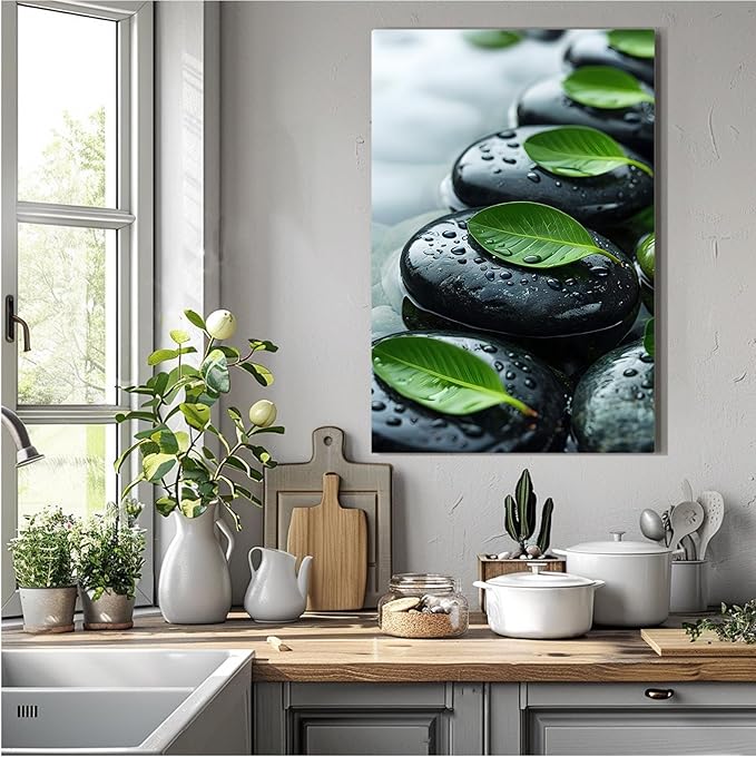 Glittering black stone cluster with fresh green leaves and water drops poster tranquil mist rain wall art zen wall art suitable for modern minimalist home decor 32x48in Frameless