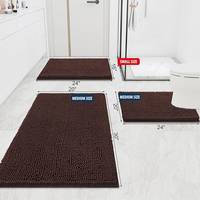 Smiry Luxury Chenille Bathroom Rugs 40x24, Extra Soft and Absorbent Shaggy Bath Mat, Machine Washable, Non-Slip Plush Carpet Runner for Tub, Shower, and Floor, Home Decor Accessories, Brown