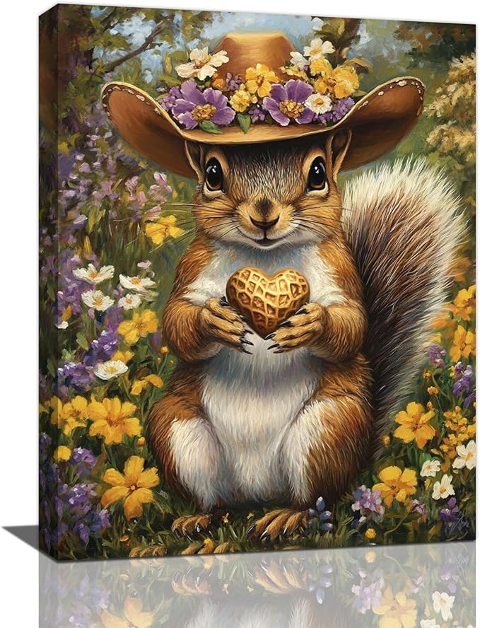 Western Squirrel Wall Art, Squirrel Peanut Pictures Wall Decor, Country Rustic Animal Canvas Prints, Forest Flower Painting, Framed Artwork for Bathroom Living Room Bedroom Dining Room 16"X12"
