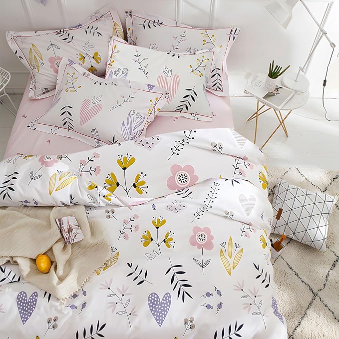 HighBuy Floral Comforter Set Queen Size 3 Piece White Pink Flower Comforter with 2 Pillow Shams Cottagecore Fluffy Comforters Soft Boho Bedding Set for Queen Bed,Lightweight,Breathable,All Season