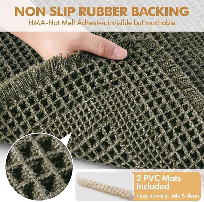 MIULEE Set of 2 Waffle Bathroom Rugs, Boho Bath Rug Super Absorbent, Non Slip Washable Ultra Soft Rubber Backed Shower Bath Mats for Floor, Tub, Shower, Looped Design, Green, 18x30 Inch