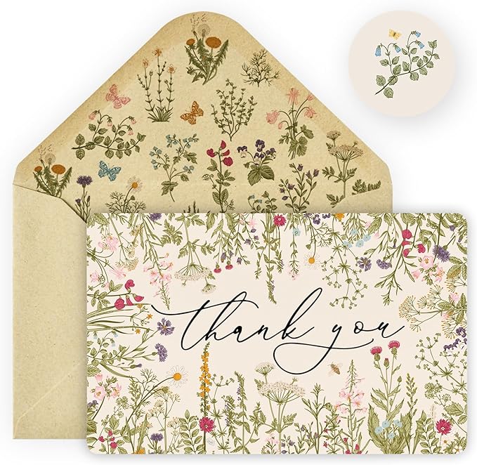 Artoid Mode 24 Pack Leaves Wildflower Thank You Cards Flower Greeting Cards Gift With Envelope Sticker Blank Note Cards for Birthday Wedding Baby Shower Bridal Shower, 4 x 6 Inch