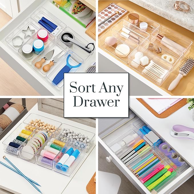 STORi SimpleSort 6-Piece Stackable Clear Drawer Organizer Set | 6" x 3" x 2" Rectangle Trays | Small Makeup Vanity Storage Bins and Office Desk Drawer Dividers | Made in USA