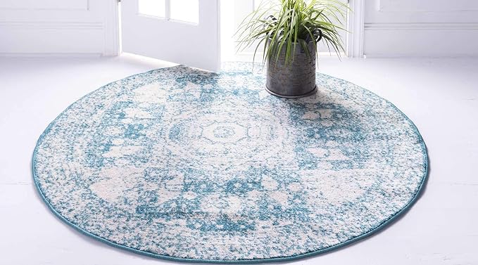 Unique Loom Bromley Collection Area Rug - Wells (3' Round, Turquoise/ Ivory)