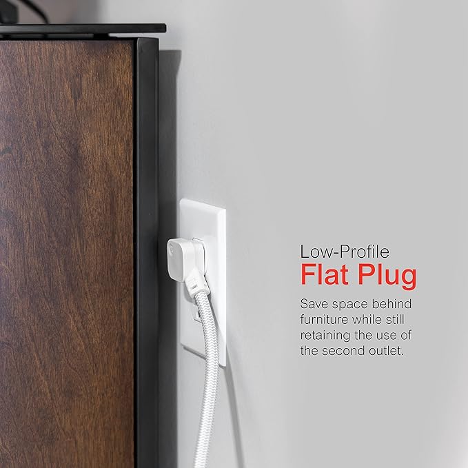 GE UltraPro 6 Outlet Surge Protector, 2 Ft Designer Braided Extension Cord, Flat Plug, Wall Mount, White, 45264