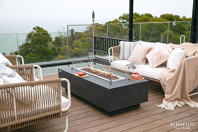 Elementi | Bundle Granville Gas Fire Pit Cast Concrete 60" Rectangular Fire Table, Outdoor Fire Pit Electronic Ignition | Canvas Cover, Lava Rock Included | Dark Gray (Propane Gas)