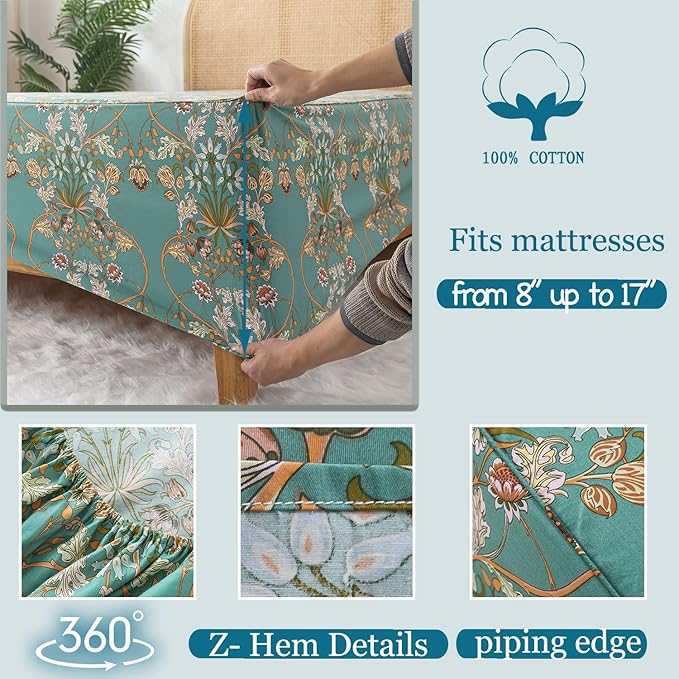 Zusbest California King Sheet Set Shabby Floral Vintage Bed Sheets Percale Cotton Chic Teal Blue Orange American Country Bedding Luxury Boho Soft Bed Deep Pocket Fitted Sheet 4Piece, Cal King