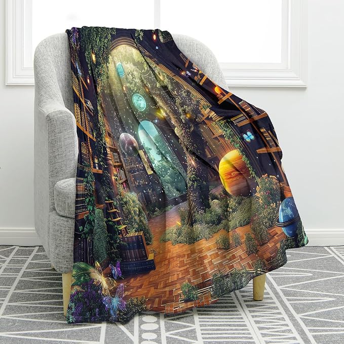 Jekeno Starry Sky Planet Bookshelf Blanket Gifts for Women Men Kids Halloween Birthday Christmas Library Book Bookcase Mysterious Tree Flowers Decor Bedroom Study Classroom Living Room Throw 50"x60"