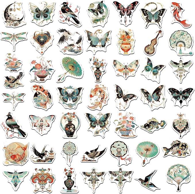 50PCS Vintage Chinoiserie Art Stickers，Chinese Elements Aesthetic Stickers，Vinyl Waterproof Decal,Perfect for Kids,Teens,Water Bottle Suitcase Phone Skateboard Guitar Bike Laptop Scrapbook