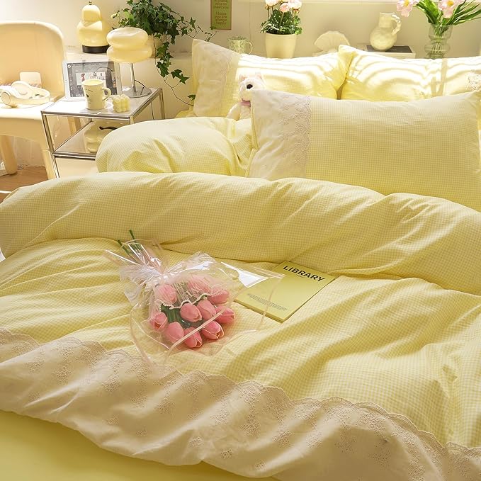 LifeTB Yellow Gingham Duvet Cover Full 3 Pieces Romantic Lace Comforter Cover Soft Microfiber Cream Yellow Grid Duvet Cover Farmhouse Plaid Checkered Comforter Cover Grid Gingham Bedding Set