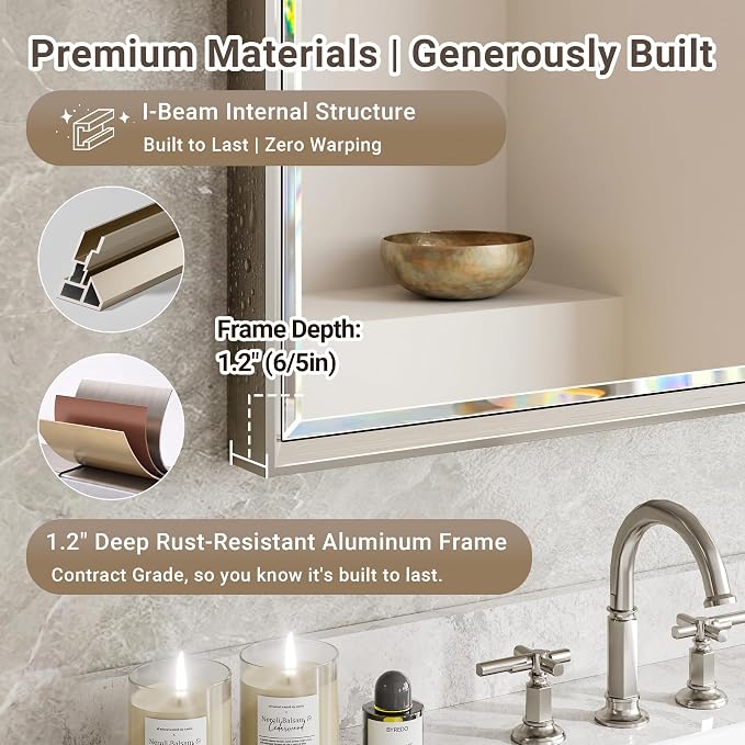 72 x 36 Brushed Nickel Bathroom Mirror, Beveled Framed Rectangle, Shatterproof Anti-Rust Vertical/Horizontal Wall-Mounted