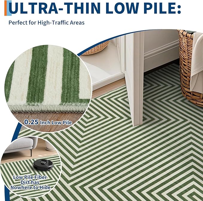 6x9 Washable Area Rugs for Living Room Modern Geometric Rug Non Slip Abstract Lines Soft Bedroom Carpet Low Pile Floor Mats for Bedroom Dining Home Office, Green