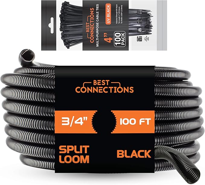 BEST CONNECTIONS 100 Ft – 3/4" Diameter Split Wire Loom Flex-Guard Convoluted Tubing with 100 Pcs x 4" Nylon Cable Zip Ties – Protective Split Cable Sleeves/Conduit – Black (3/4" Loom + 4" Zip Ties)