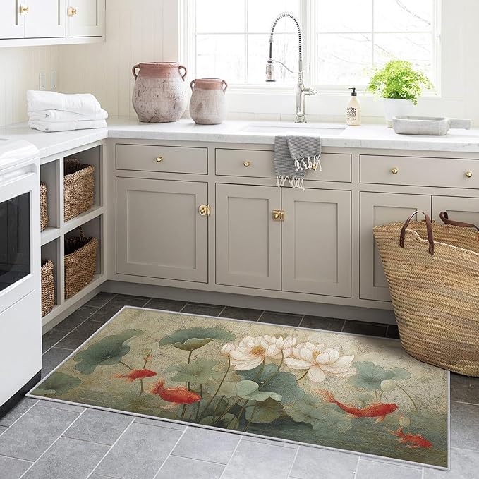 Lotus Flower Runner Rug 3x6, Koi Fish Design, Asian Art Area Rug, Washable Carpet Runner for Bedroom, Standard Hallways, Kitchen Walkway, Dining Room Sideboard