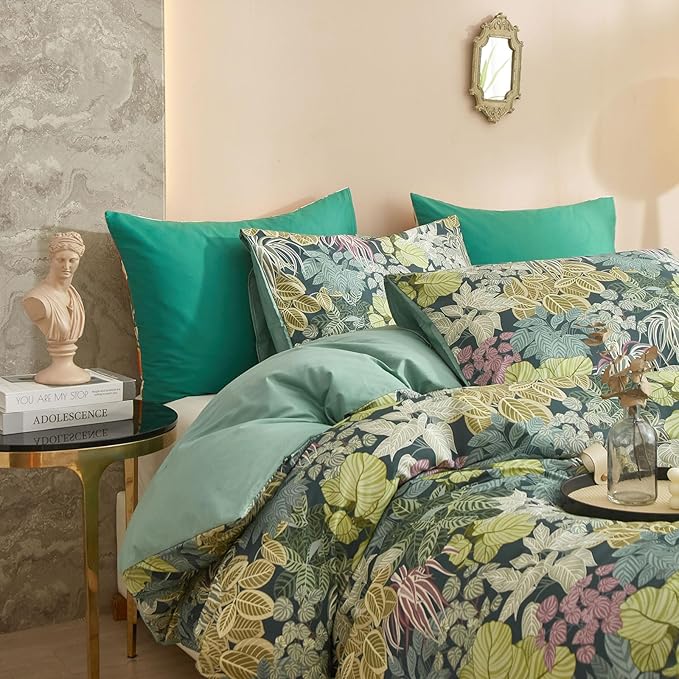 EAVD Tropical Leaves Duvet Cover Queen Soft Cotton Chic Plant Green Leaf Pattern Bedding Set with 2 Pillowcases Fresh Botanical Leaves Comforter Cover with Zipper Closure