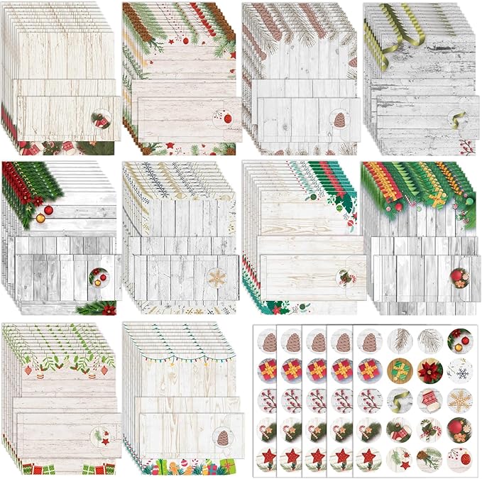 EggSun 250Pcs Christmas Stationery Paper and Envelope Set with 100 Letterhead Papers and 50 Envelopes, 10 Design for Letter Writing Invitations Computer Holidays Party Notes, 8.5x11 Inch-Wood Grain