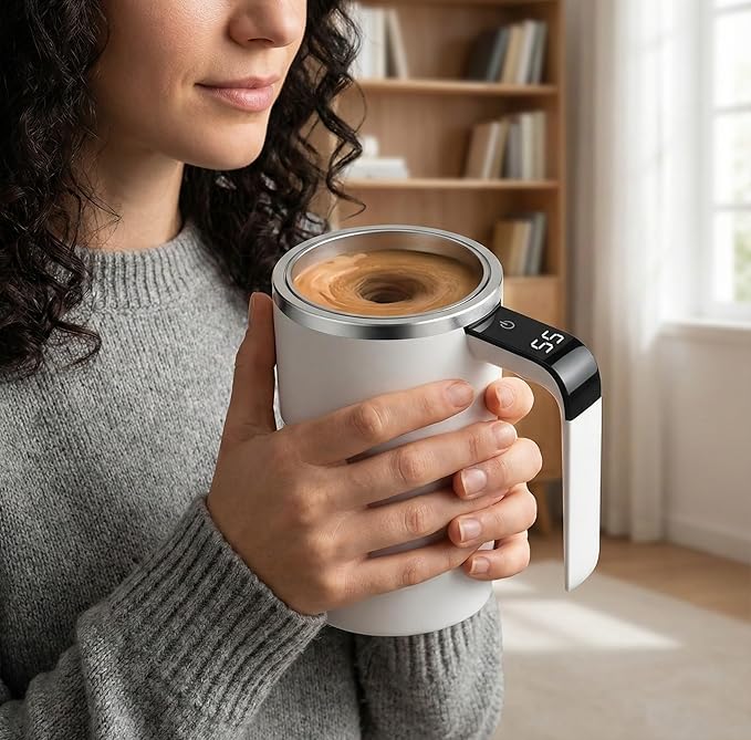 Automatic Magnetic Stirring Coffee Mug with Temperature Display, Rechargeable Self Stirring Mug, Portable Coffee Mug for Home Office Travel (Black)