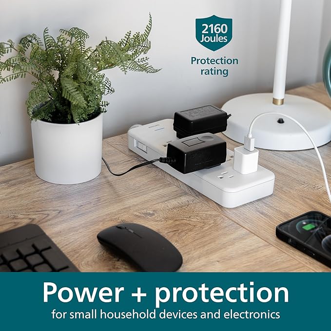 Philips EZFit 8-Outlet Surge Protector Power Strip, 8 Ft Braided Extension Cord, Widely Spaced Outlets, Flat Plug, for Home Office Dorm Essentials, 2160 Joules, White, SPP3673W/37