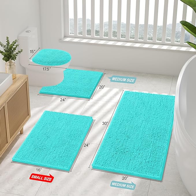 Smiry Luxury Chenille Bathroom Rugs 59x35, Extra Soft and Absorbent Shaggy Bath Mat, Machine Washable, Non-Slip Plush Carpet Runner for Tub, Shower, and Floor, Home Decor Accessories, Turquoise