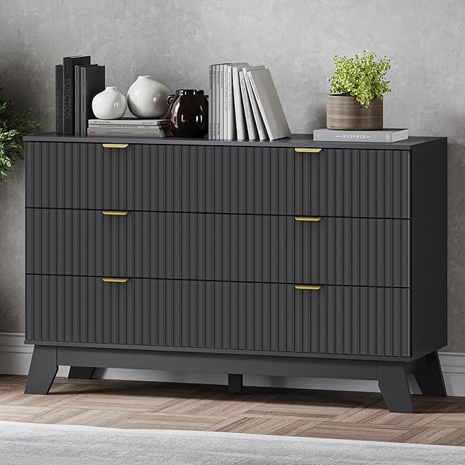 BORNOON Fluted 6 Drawer Dresser, 47.2" Wide Modern Boho Chest of Drawers, Wooden Storage Dresser TV Stand for Bedroom, Living Room, Closet, Hallway, Curved Profile Design