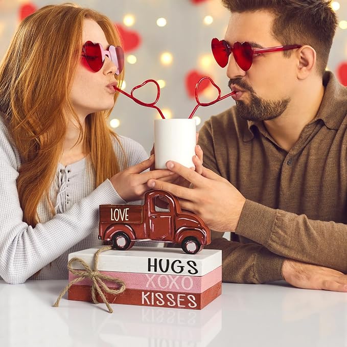 Smile Valentine's Day Wooden Book Decor Red Truck, LOVE XOXO HUGS & KISSES Signs, Valentine Indoor Decoration
