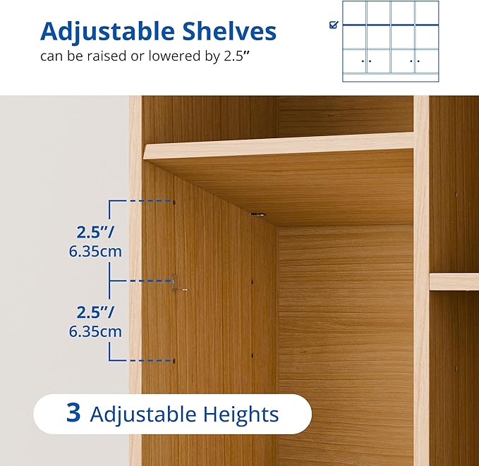 Cozy Castle Oak Wood Bookcase, 12 Cube Storage Organizer Shelf with 4 Doors, 3 Tier Storage Cabinet with Anti-Tilt Device for Bedroom, Living Room, Office